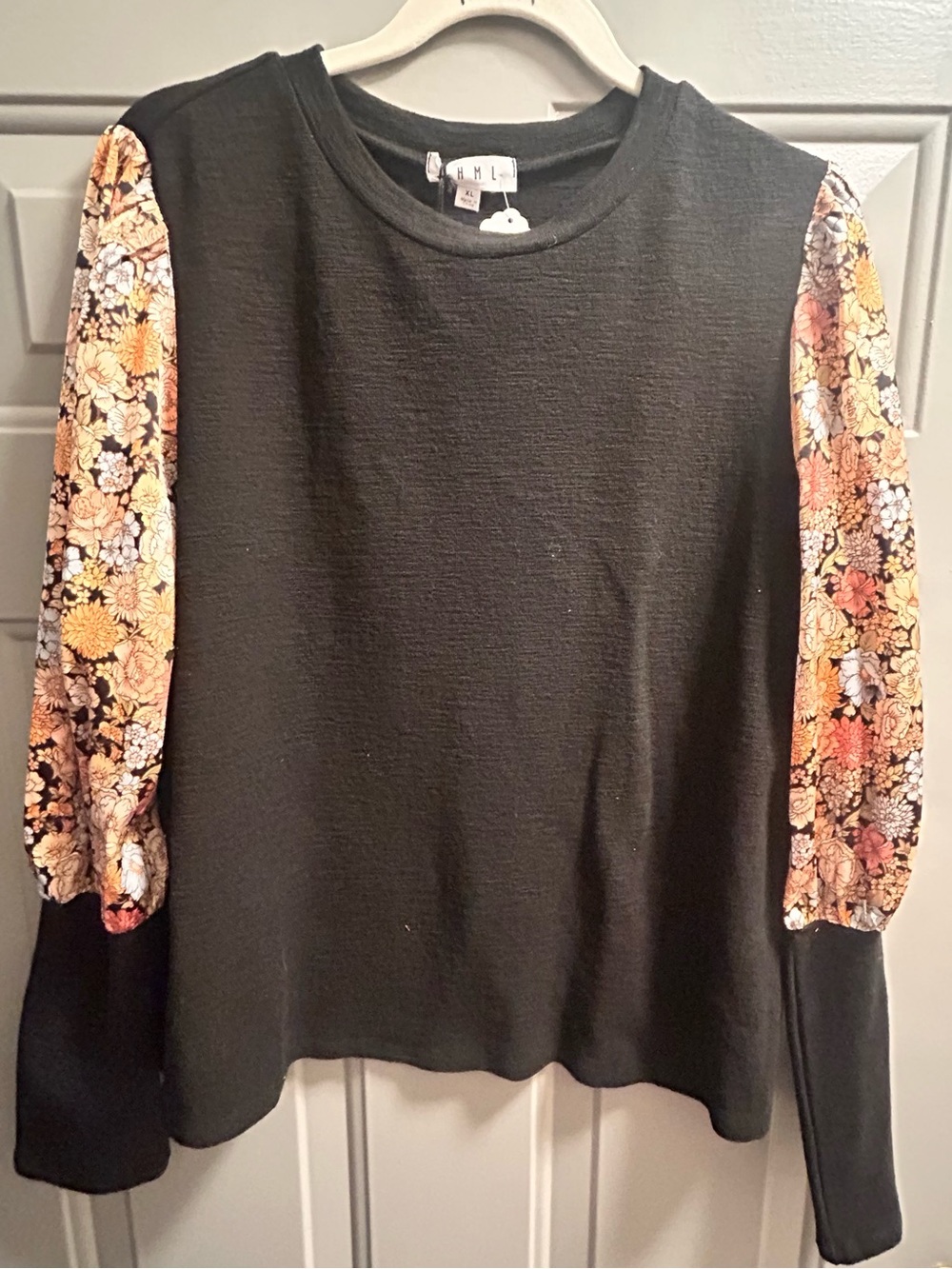 THML Black Knit Top with Floral Puff Sleeves